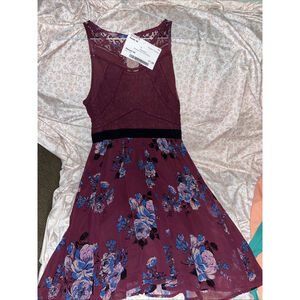 Xhilaration Burgundy Dress With Fall Florals Size XS